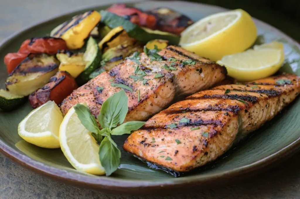 Grilled steelhead trout with grill marks, garnished with lemon and fresh herbs, served with vegetables
