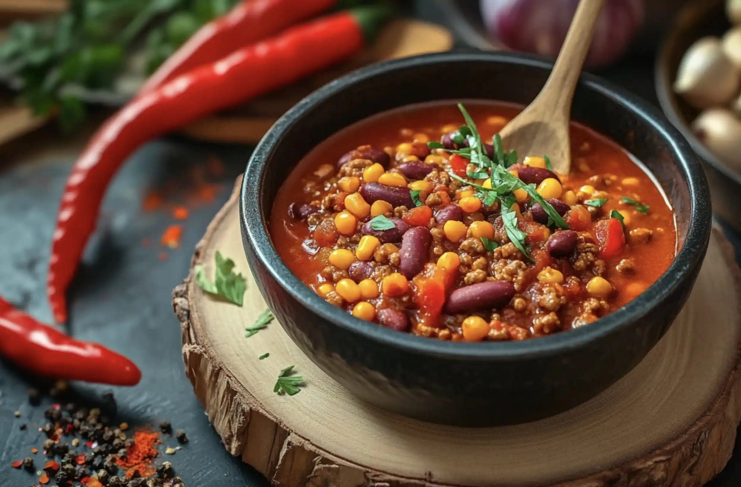 a bowl of chili with a wooden spoon