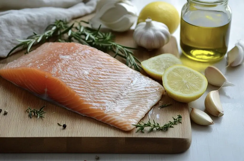 Fresh steelhead trout fillet with ingredients like olive oil, lemon, garlic, and rosemary.