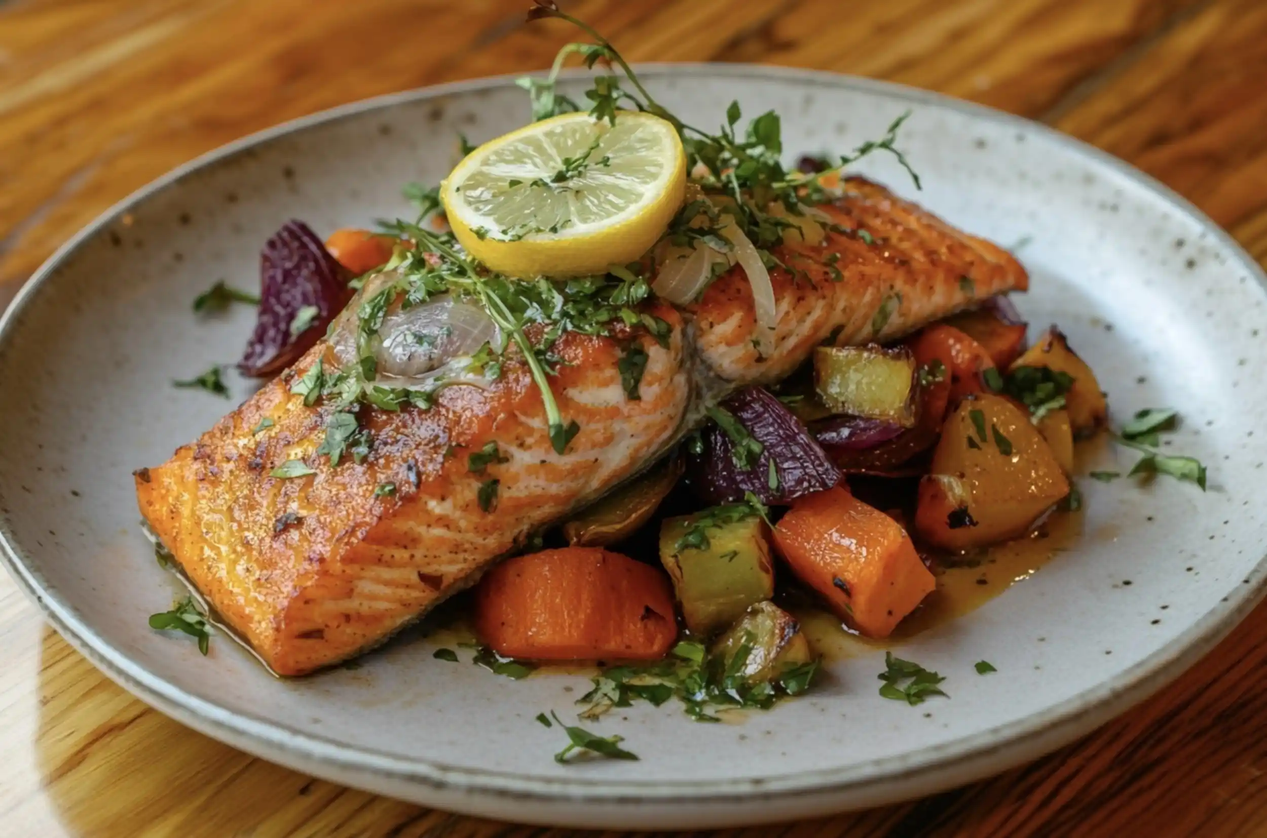 Baked steelhead trout with fresh herbs and lemon slices served with roasted vegetables