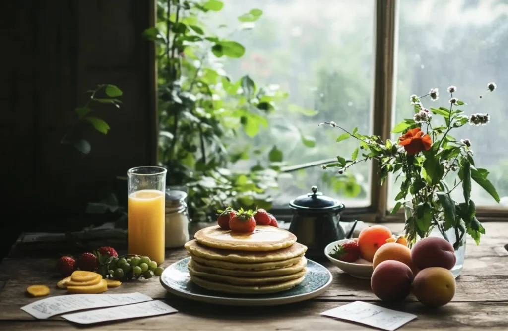 taste of home recipes : a stack of pancakes with strawberries on a table with fruits and juice