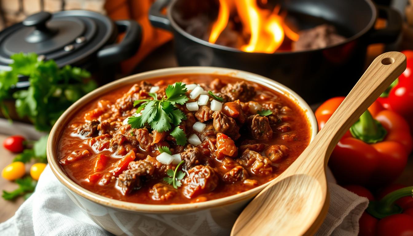a bowl of food with a spoon - venison chili recipe​