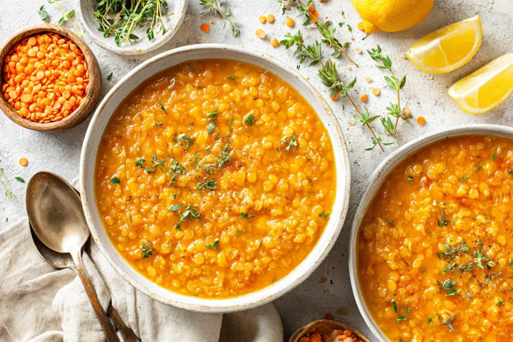 Anti-Inflammatory Lentil Soup in ceramic bowls with fresh thyme, red lentils, and lemon slices arranged around the table.