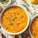 Anti-Inflammatory Lentil Soup in ceramic bowls with fresh thyme, red lentils, and lemon slices arranged around the table.