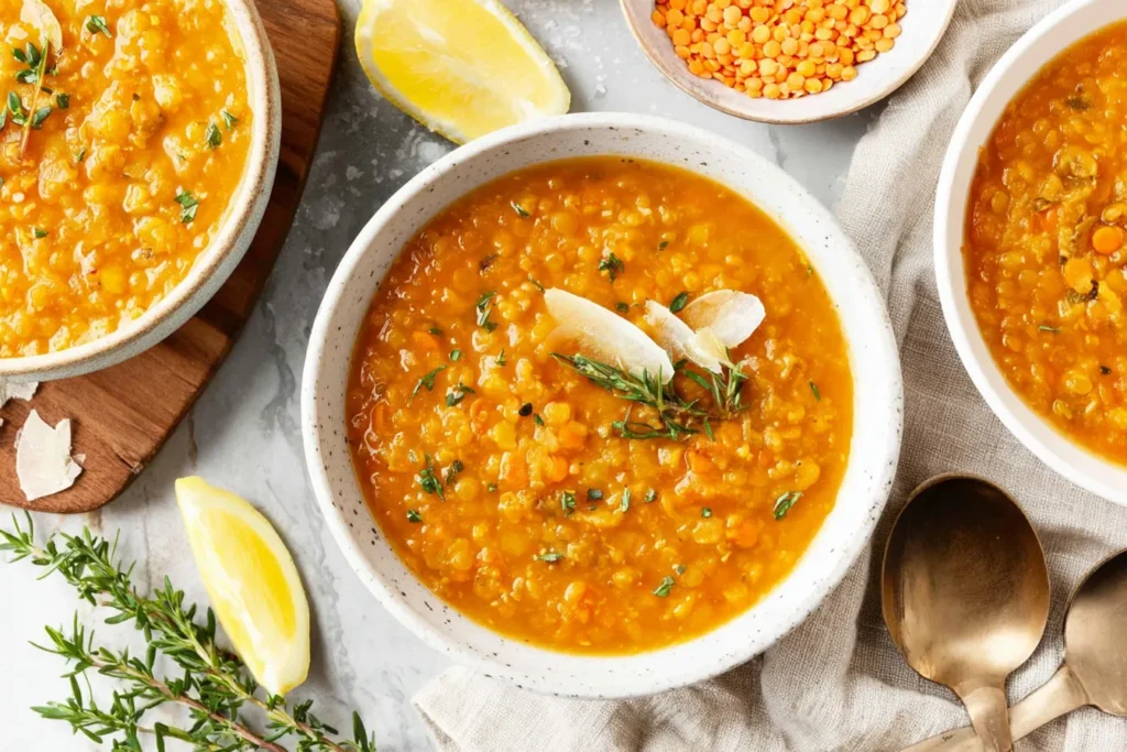 Anti-Inflammatory Lentil Soup served in white bowls with herbs and lemon wedges on the side.