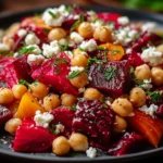 Chickpea, Beet & Feta Salad with Lemon Garlic Vinaigrette on a dark plate