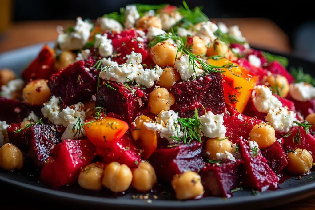 Chickpea, Beet & Feta Salad with Lemon Garlic Vinaigrette served with fresh herbs