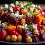 Chickpea, Beet & Feta Salad with Lemon Garlic Vinaigrette served with fresh herbs