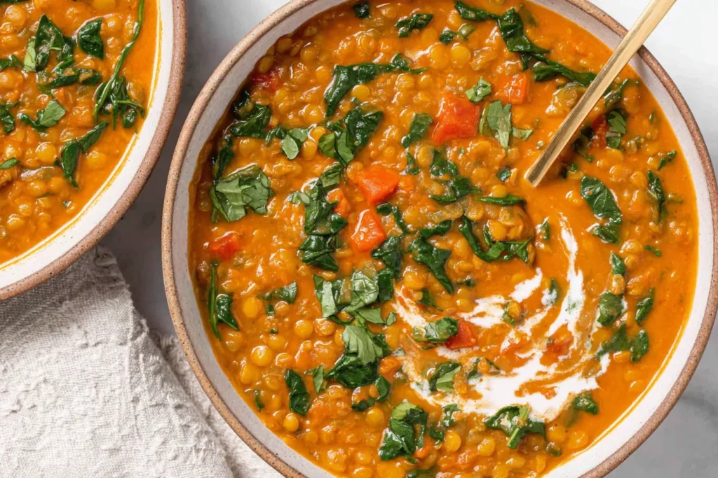 Detox Moroccan Lentil Soup in a bowl with spinach and creamy swirl.