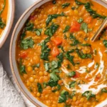 Detox Moroccan Lentil Soup in a bowl with spinach and creamy swirl.