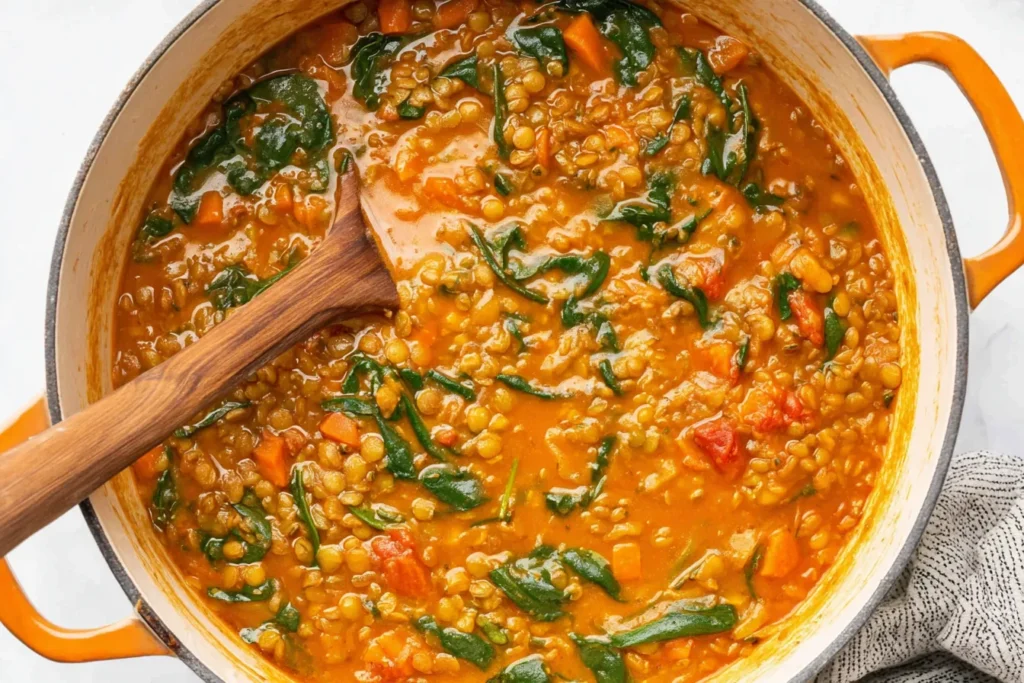 Detox Moroccan Lentil Soup simmering in a pot with vegetables and spinach.