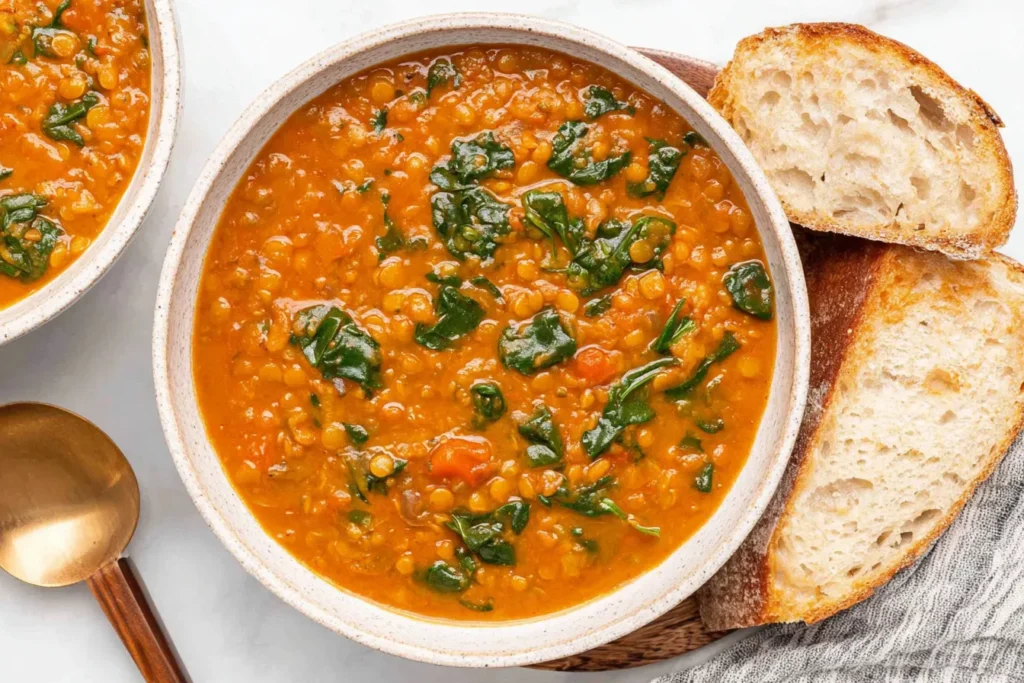 Detox Moroccan Lentil Soup in a bowl with spinach and crusty bread.