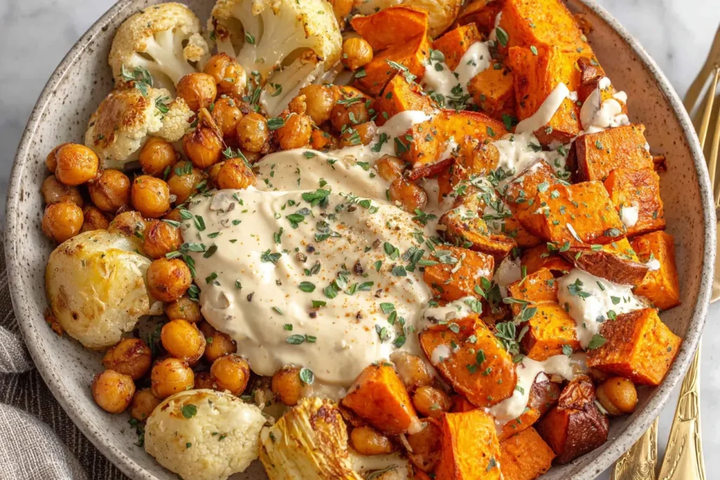 Glow Bowl Recipe featuring roasted sweet potatoes, cauliflower, chickpeas, and tahini yogurt sauce in a healthy bowl