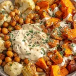 Glow Bowl Recipe featuring roasted sweet potatoes, cauliflower, chickpeas, and tahini yogurt sauce in a healthy bowl