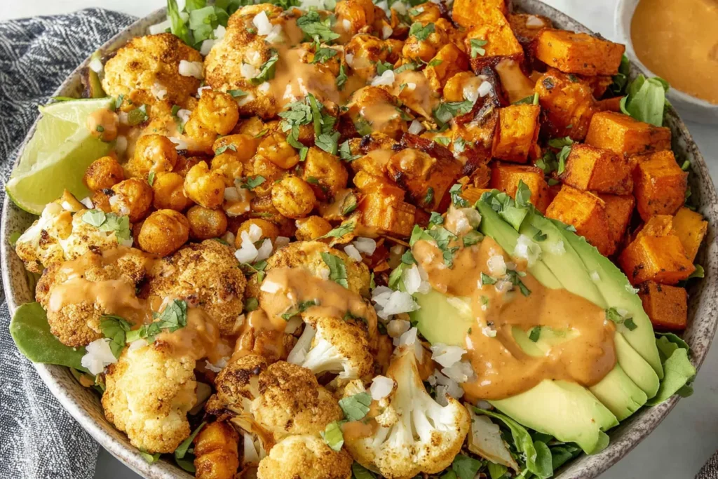 Glow Bowl Recipe with roasted cauliflower, chickpeas, sweet potatoes, avocado, and creamy tahini yogurt sauce
