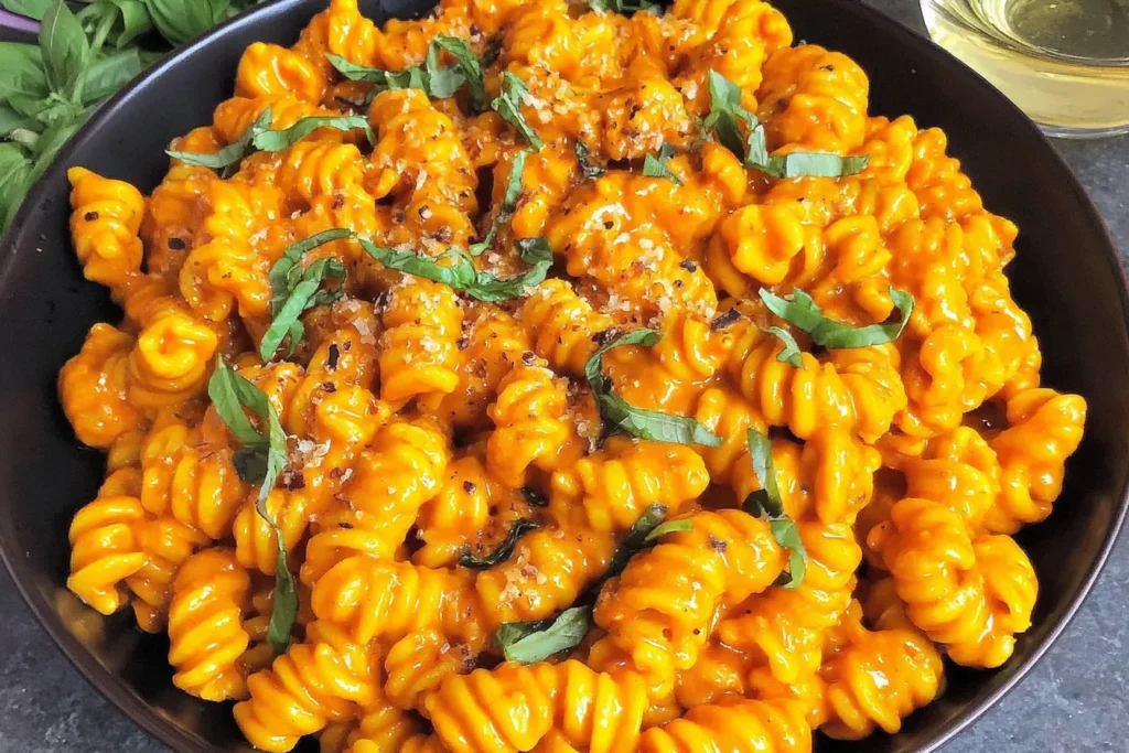 Creamy Gochujang Pasta with fresh basil and a sprinkle of pepper, a spicy and savory dish that's perfect for dinner.