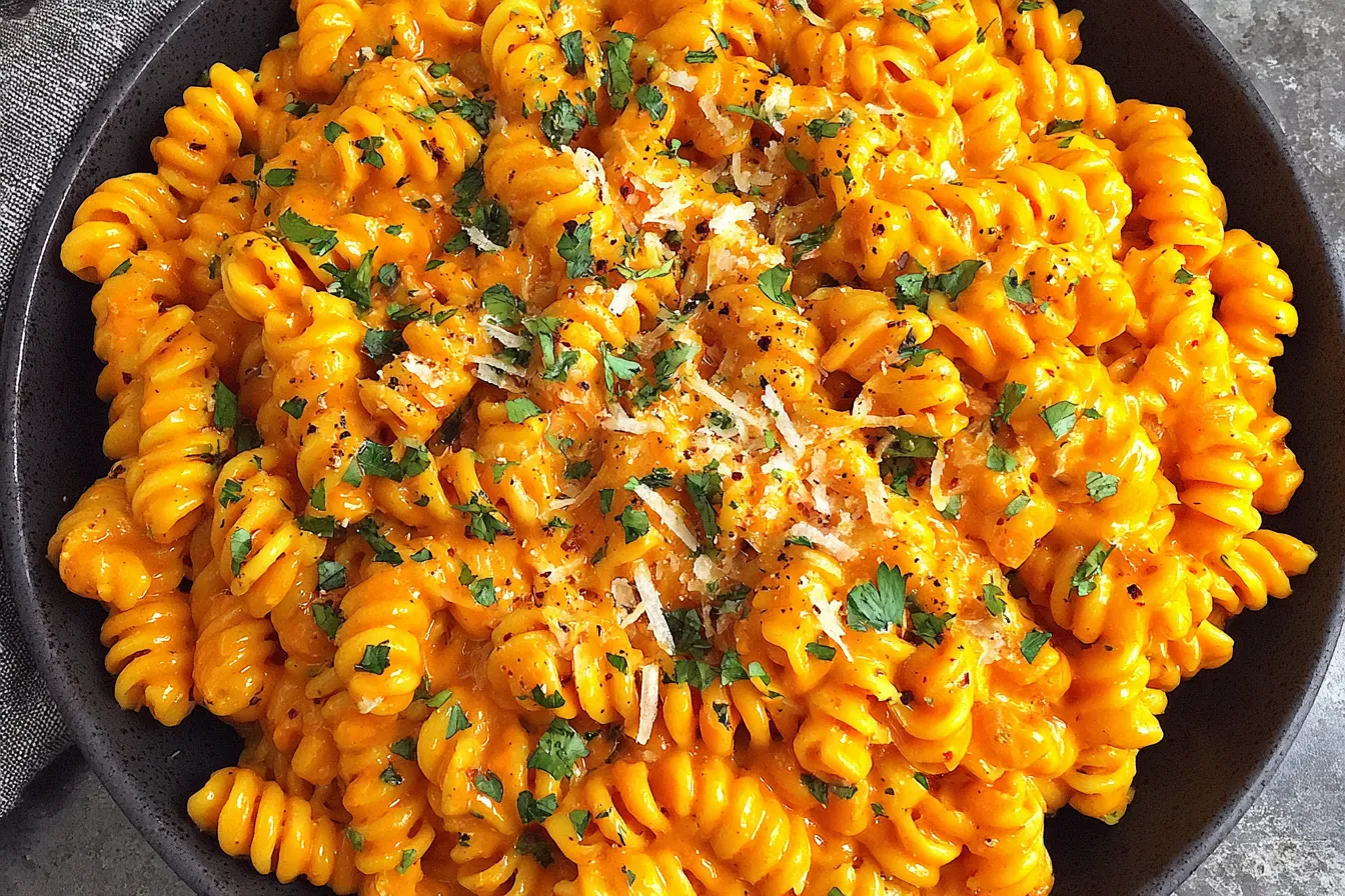 Delicious Gochujang Pasta topped with fresh parsley and parmesan, showcasing a creamy, spicy flavor profile.