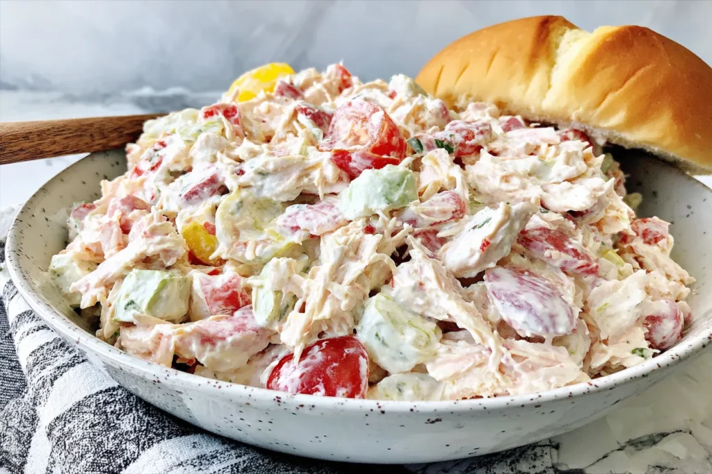Italian Grinder Chicken Salad with rotisserie chicken, salami, pepperoni, tomatoes, and creamy dressing served with crusty bread