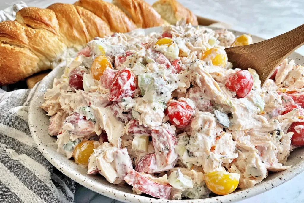 Italian Grinder Chicken Salad with rotisserie chicken, salami, pepperoni, tomatoes, and creamy dressing served with crusty bread