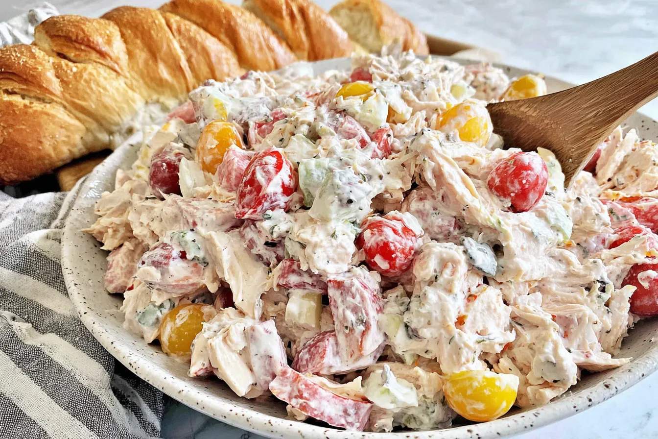 Italian Grinder Chicken Salad with rotisserie chicken, salami, pepperoni, tomatoes, and creamy dressing served with crusty bread
