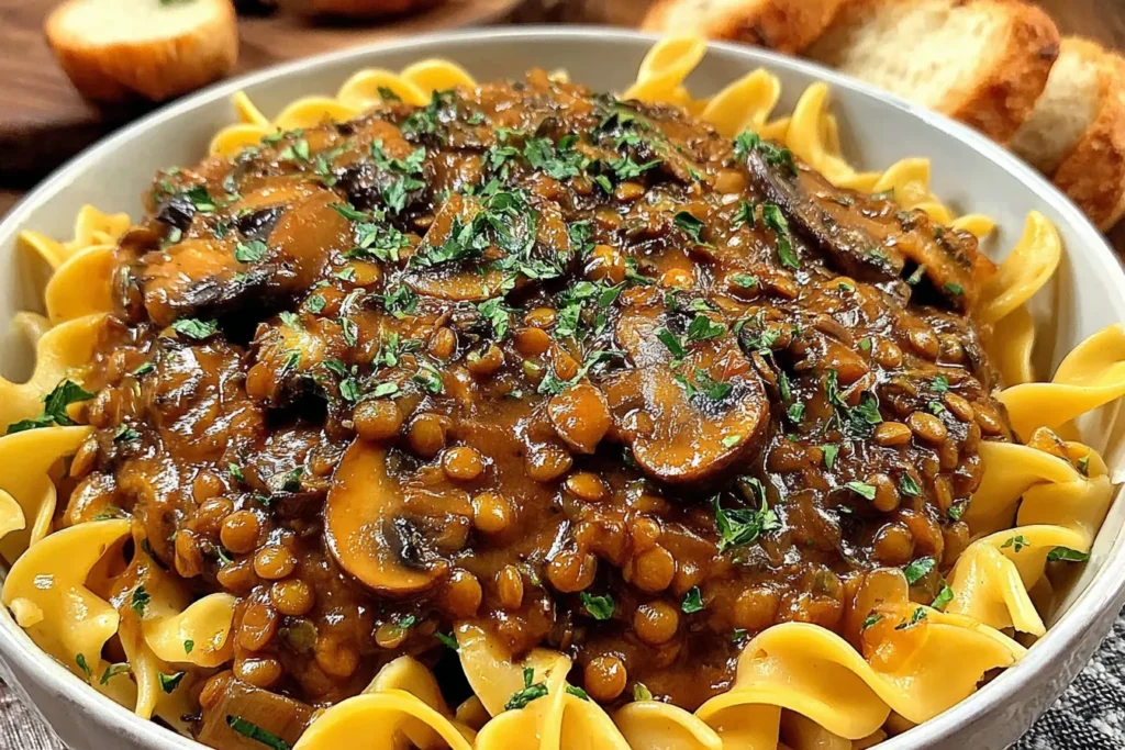 Lentil Mushroom Stroganoff served over egg noodles with fresh herbs
