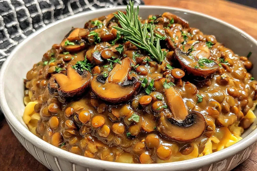 Lentil Mushroom Stroganoff with creamy lentils and sautéed mushrooms served over pasta