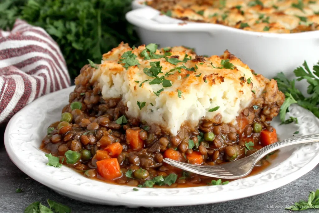 Slice of Lentil Shepherd’s Pie served on a plate with a rich lentil and veggie filling under fluffy mashed potatoes.