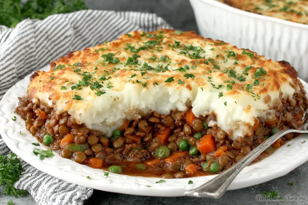 Lentil Shepherd’s Pie topped with golden mashed potatoes and fresh parsley on a white plate.