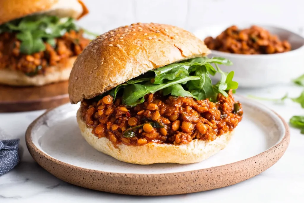 Lentil Sloppy Joes sandwich served on a toasted bun with fresh greens