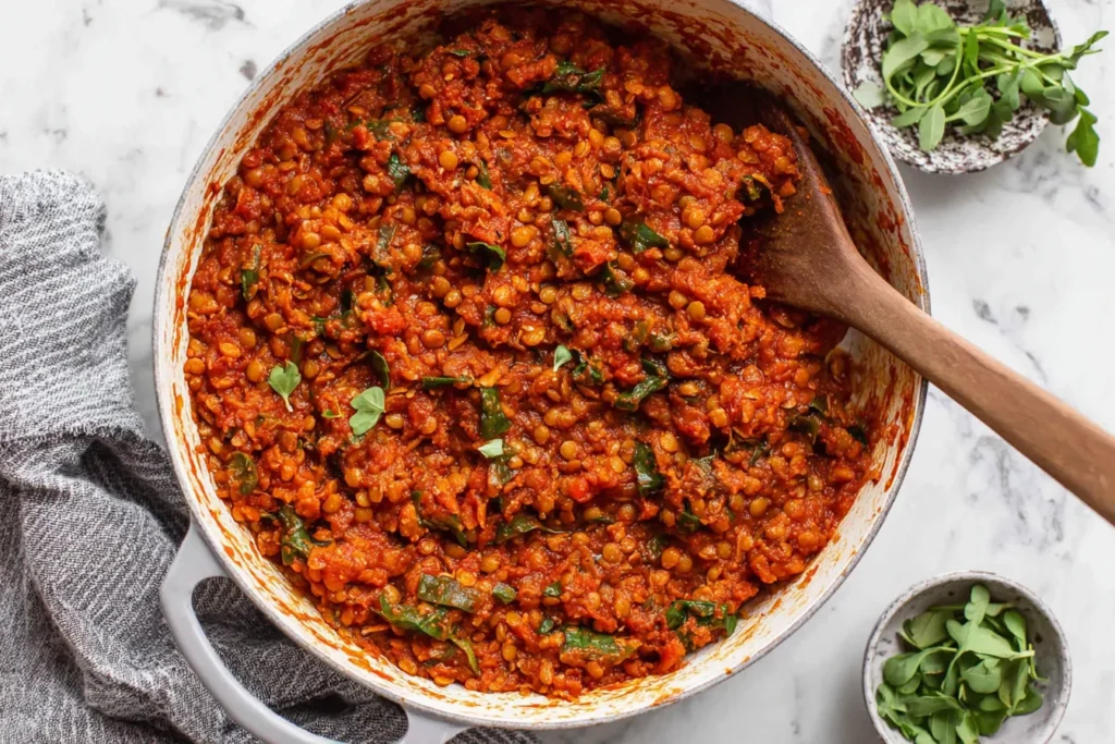 Lentil Sloppy Joes filling simmering in a skillet with rich tomato sauce and lentils
