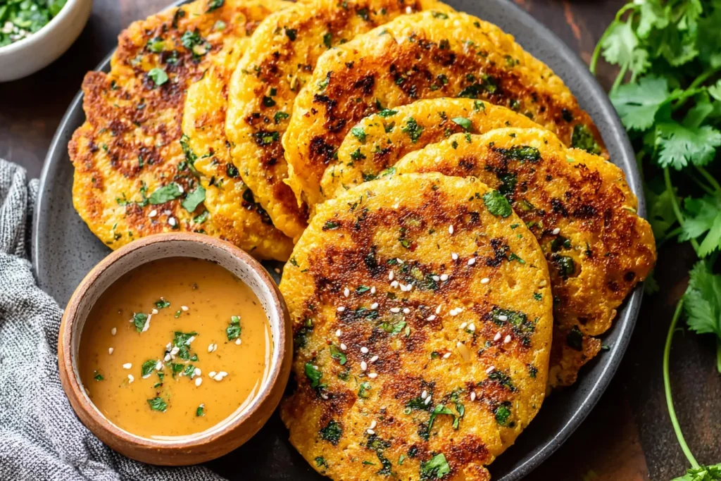 Masoor Dal Chilla with dipping sauce, savory red lentil pancakes garnished with herbs