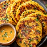 Masoor Dal Chilla with dipping sauce, savory red lentil pancakes garnished with herbs