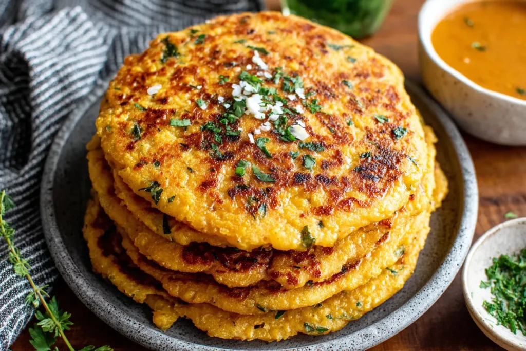 Masoor Dal Chilla stacked on a plate, crispy savory red lentil pancakes with herbs