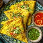 Moong Dal Chilla folded into triangles with herbs and spicy chutney