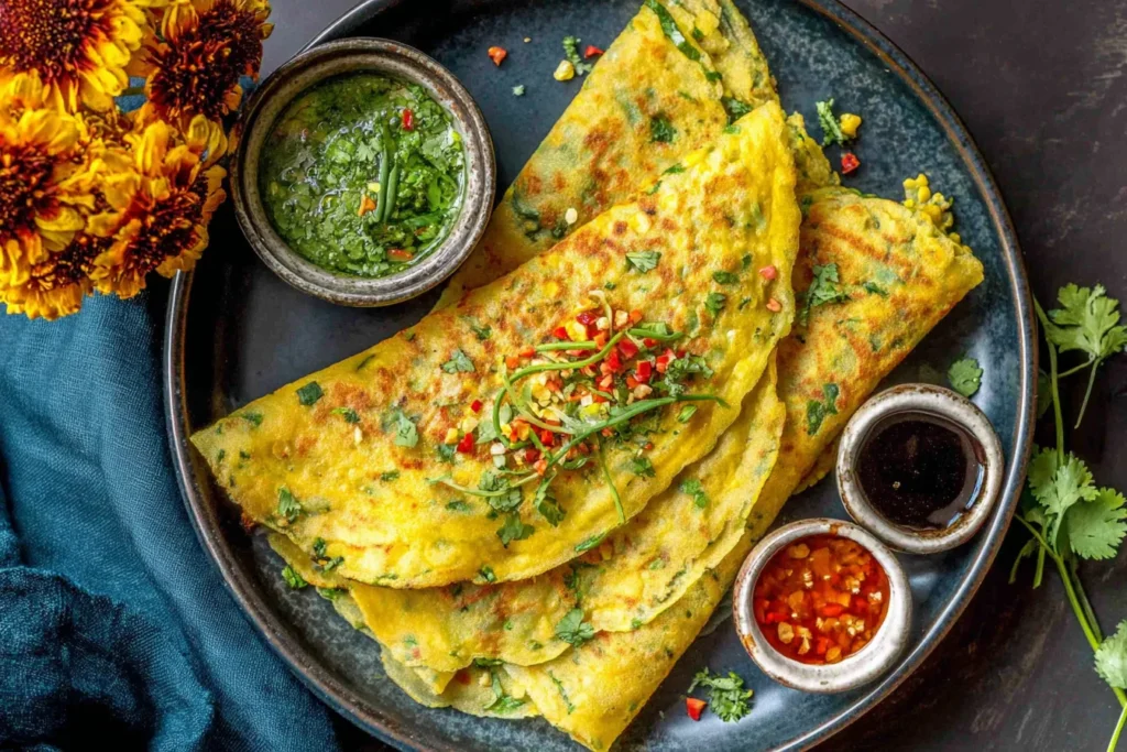Moong Dal Chilla served with green chutney and dipping sauces on a dark plate