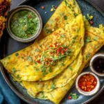 Moong Dal Chilla served with green chutney and dipping sauces on a dark plate