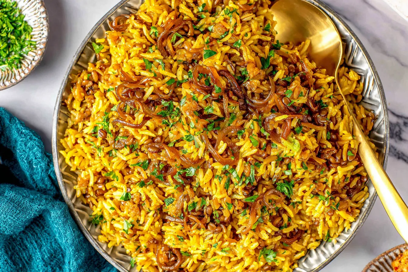 Mujadara (Lentils and Rice) topped with caramelized onions and fresh herbs in a serving bowl.