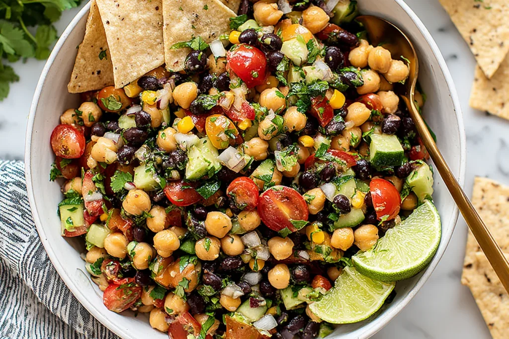 Southwest Chickpea Black Bean Salad served with tortilla chips and fresh lime wedges