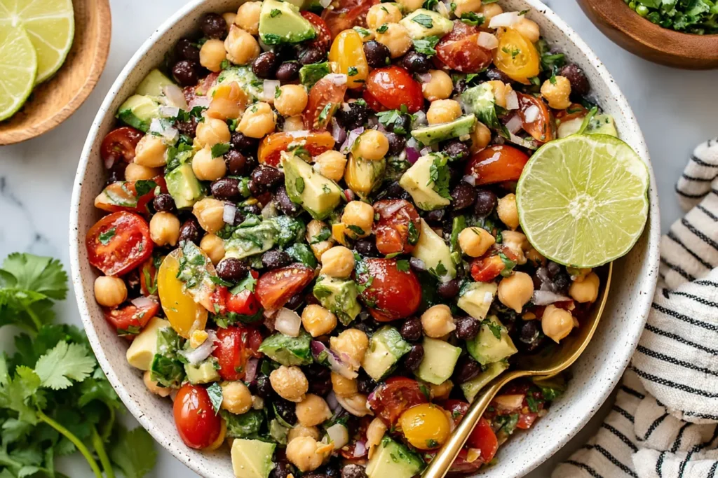 Southwest Chickpea Black Bean Salad with avocado, cherry tomatoes, cilantro, and chili lime dressing