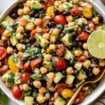 Southwest Chickpea Black Bean Salad with avocado, cherry tomatoes, cilantro, and chili lime dressing