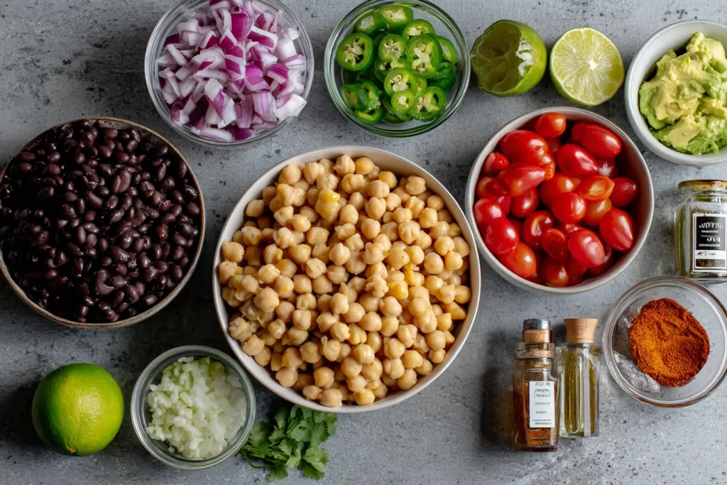 Southwest Chickpea Black Bean Salad ingredients with chickpeas, black beans, corn, lime, avocado, and fresh vegetables