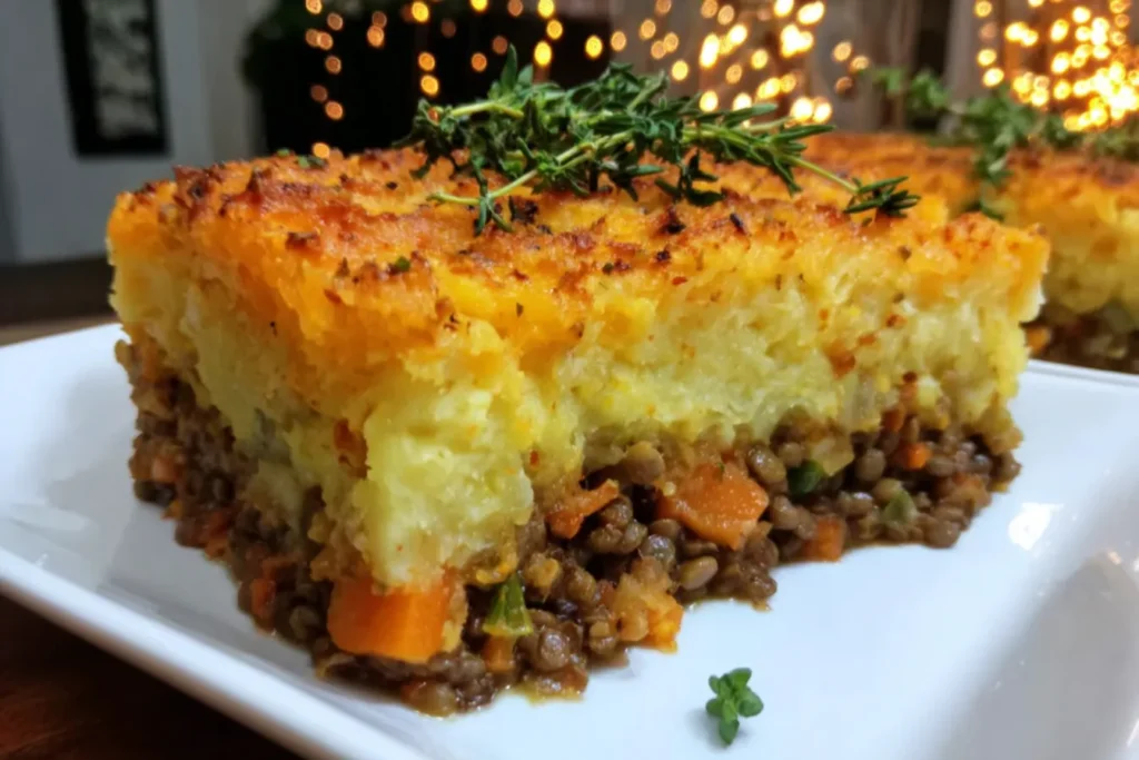 Sweet Potato & Lentil Shepherd’s Pie with creamy mashed sweet potato topping and savory lentil vegetable filling