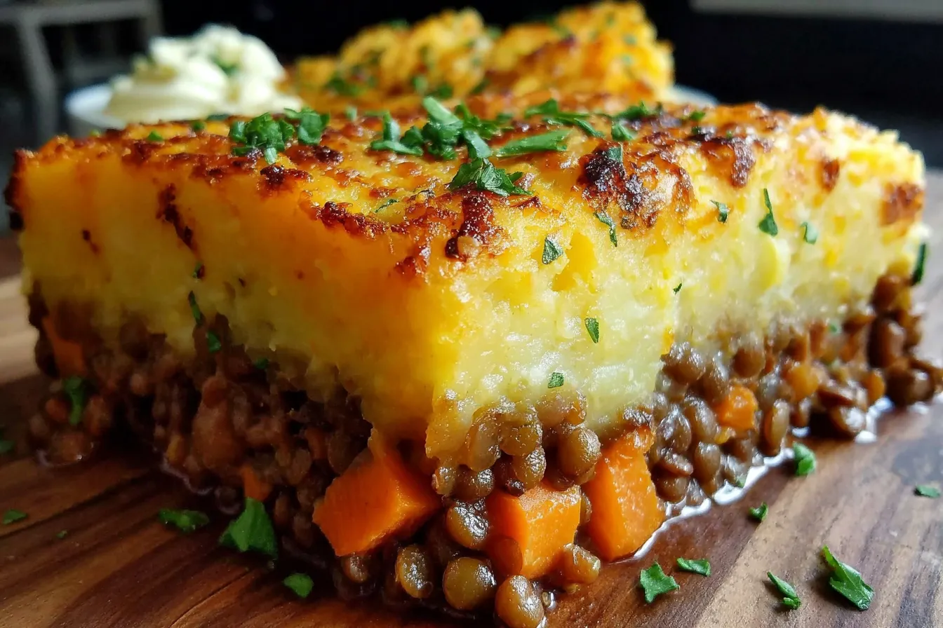 Sweet Potato & Lentil Shepherd’s Pie sliced into squares with golden crust and rich lentil filling