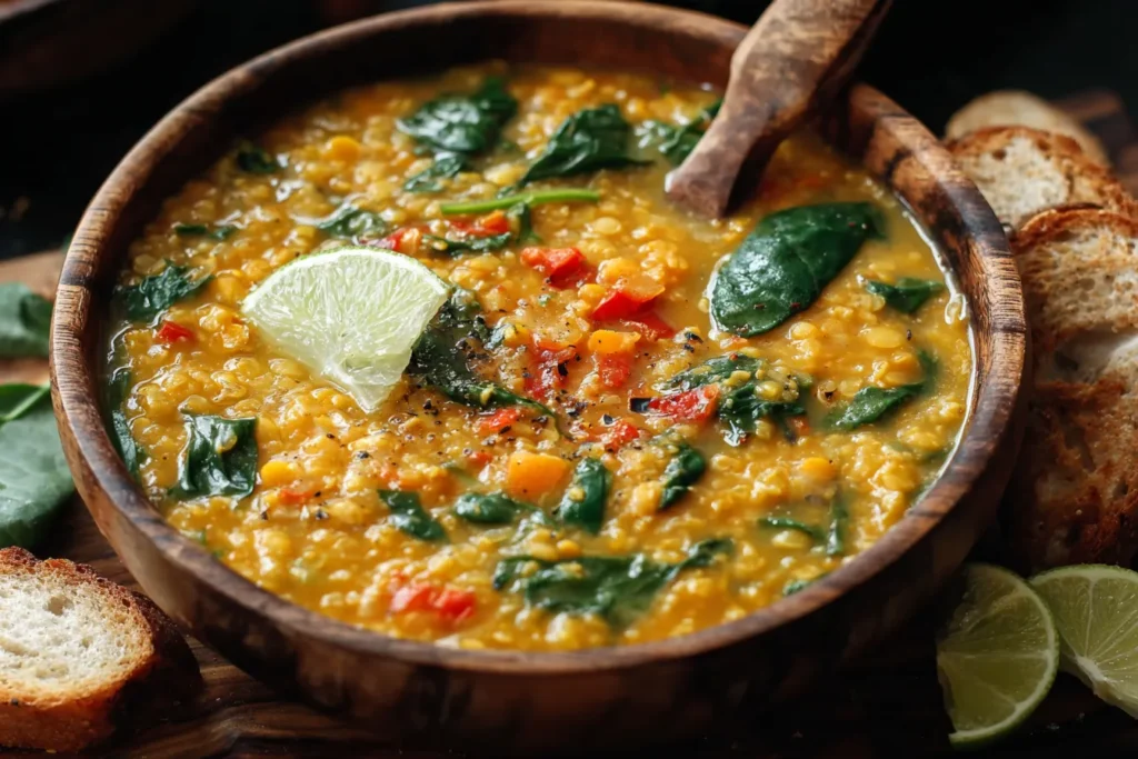 Thai Coconut Red Lentil Soup garnished with spinach, red peppers, and lime in a wooden bowl