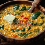 Thai Coconut Red Lentil Soup garnished with spinach, red peppers, and lime in a wooden bowl