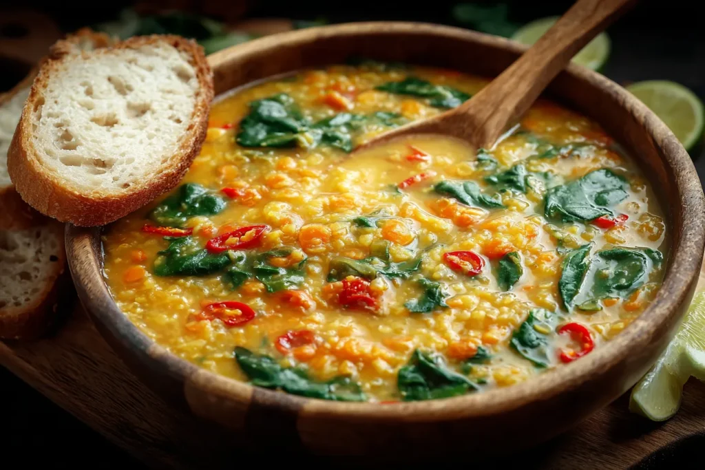 Rustic bowl of Thai Coconut Red Lentil Soup served with crusty bread and fresh herbs