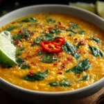 Thai Coconut Red Lentil Soup topped with fresh spinach, red chili flakes, and a lime wedge in a white bowl
