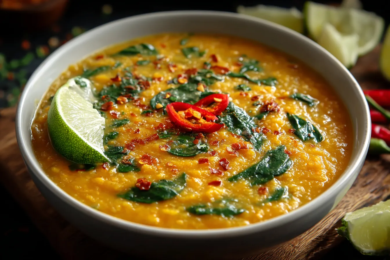 Thai Coconut Red Lentil Soup topped with fresh spinach, red chili flakes, and a lime wedge in a white bowl