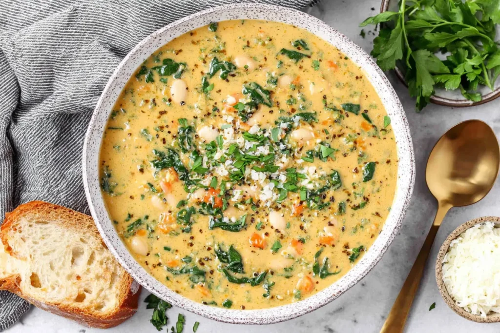 Bowl of Tuscan White Bean Soup with spinach and bread