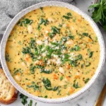 Bowl of Tuscan White Bean Soup with spinach and bread
